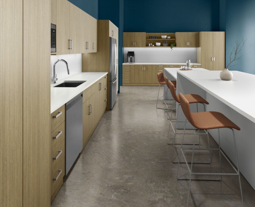 AIS Caseworks modular kitchen cabinetry with Itzee stools in a modern office breakroom