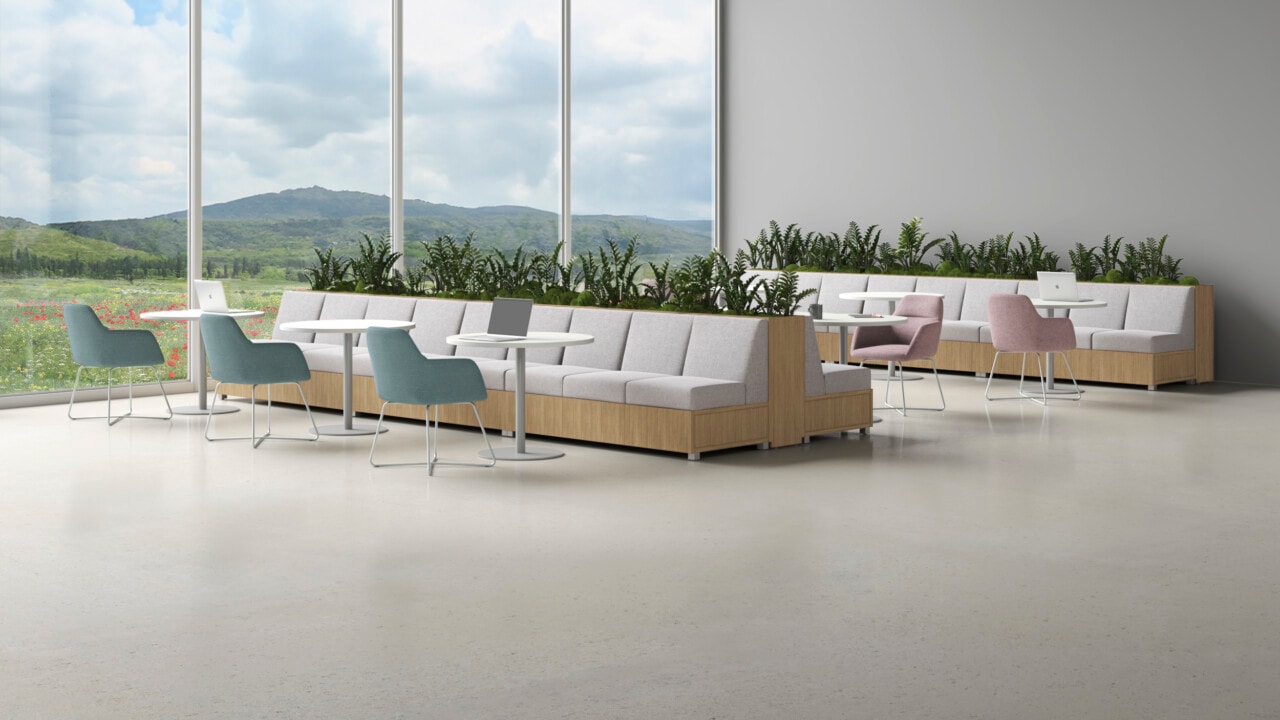 LB Cafe lounge seating with banquette, Itzee chairs and Day-to-Day tables in a bright cafe space